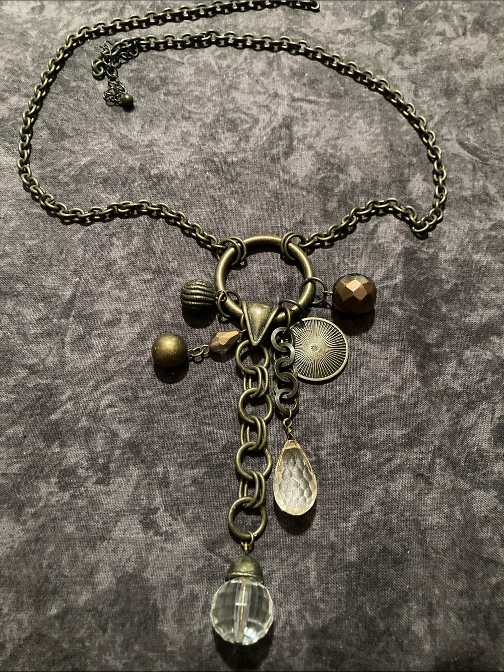 Antique Look Gunmetal Charm Drop Necklace with Clear Pendants